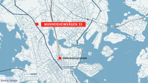 Olyckan ägde rum på Mannerheimvägen 33. Karta som visar platsen där turistbussen krockade med ett träd i Helsingfors 8.8.2017.