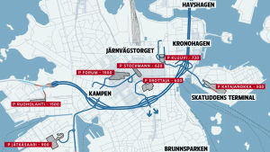 Tunneln ska enligt planerna gå från Sörnäs till Västerleden. Lemminkäinens förslag till centrumtunnel i Helsingfors.