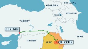Via oljeledningen från Irakiska Kurdistan till Turkiet får bland annat Israel en stor del av sin olja. Karta över Mellanöstern med oljeledning från Irakiska Kurdistan till Turkiet.