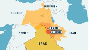 Kurdernas bosättningsområde i Mellanöstern, regionen Irakiska Kurdistan med huvudstaden Erbil samt Kirkuk-området, som Irakiska Kurdistan gör anspråk på. Karta över kurdområdena i Mellanöstern.