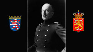 Hessenin prinssi Friedrich Karl (1910-luku). Sivukentissä Hessenin suvun vaakuna ja Suomen vanha vaakuna.