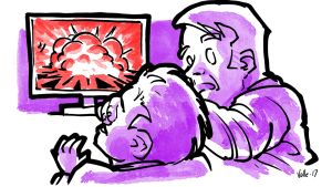 Ei välttämättä aina ole itse syytä avata keskustelua uutisten vaikeista asioista, sillä ne saattavat vain ahdistaa lasta. Isä peittää lapsensa kasvot, kun televisossa näkyy sotakuvaa.