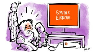 Vanhemman voi olla vaikea auttaa lastaan koodiasioissa, jos ei osaa edes sen perusteita. Lapsi itkee kun tietokone sanoo SYNTAX ERROR. Isä ihmettelee vieressä.