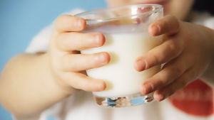 kupillinen jogurttia lapsen käsissä ja grafiikka jossa väite maidon terveellisyydestä