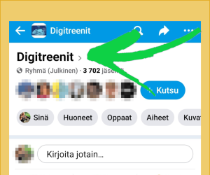 Kuvassa näytetään missä kohtaa ryhmän etusivulla on tieto siitä, onko ryhmä julkinen, suljettu vai salainen.