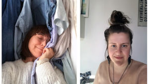 Vad väljer du själv om du måste välja? Mycket grejer (som Ann-Catrin till vänster) eller knappt något alls (som Ida till höger)? Två kvinnor. Hon till vänster har en massa kläder runt sig och kramar en skjorta och ser ut att njuta. Hon till höger står framför en vit vägg och ser lugn och nöjd ut.