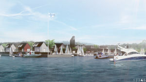 Bostadshus vid strandkanten. En skiss där man ser villor byggda vid en brygga. Båtar ligger förtöjda vid bryggan.