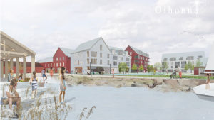 Flervåningshus i ljusgrått och rött i förslaget Oihanna. En skiss från en strand där människor rör sig. I bakgrunden syns flera hus i rött och grått.