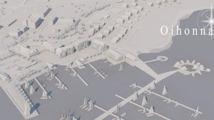 Förslaget Oihonnas tanke om hur Ingåstrand kunde se ut. En skiss över ett område vid en småbåtshamn.