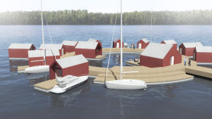 Så såg visionen ut för de flytande husen. Skiss över flera hus byggda på en flytande brygga.
