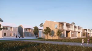 Patios vision är byggnader i trä. En skiss över ett bostadsområde där det finns flera radhus med träfasad.