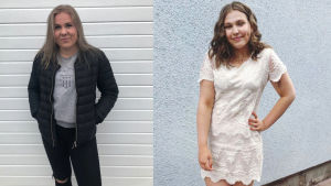 Belinda Wickholm och Lina Tuominen hittade varandra genom en gemensam kompis. Före det kände de ingen annan med diabetes. Två kvinnor med långt halvblont hår som står framför en vit vägg. Belinda till vänster har på sig en tröja och en svart jacka medan Lina till höger har en vit klänning i spets.