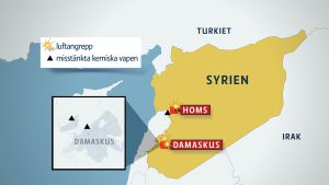 Angreppen mot misstänkta kemvapenanläggningar träffade ett laboratorium utanför Damaskus, på motsatta sidan om stan än Douma. Karta över Syrien