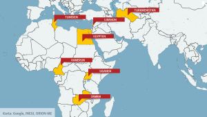 Länder som låter analundersöka män som misstänks vara homosexuella. Världskarta med Turkmenistan, Tunisien, Libanon, Egypten, Kamerun, Uganda och Zambia.