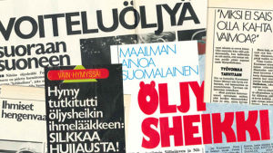 Otsikoita "Nilsiän öljysheikistä" Tauno Kuosmasesta Hymy-lehdessä 1987.
