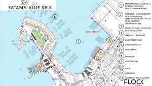 I det här förslaget är området med inkvartering i fiskestugor litet mindre. Företaget Flock Helsinki har gjort en idéplan för Norra hamnen och Stallörsparken i Ekenäs.