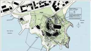 Plan på tillbyggnad. Ett tak ska göra skyla en del av parkeringen. Plan ovanifrån på tillbygge av hotellbyggnad.