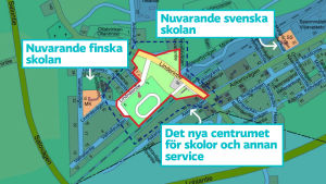 Det nya huset kan byggas på ett område som ligger mellan Lindersvägen, Lindnäsvägen, Valhallavägen och järnvägen. Karta som visar nuvarande svenska och finska skolan, samt det nya skol- och servicecentrumet i Svartå.