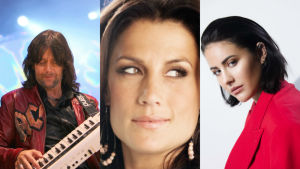 Robert Wells, Jill Johnsson och Molly Sandén uppträder i Hangö. Kollage med tre bilder. En med en man som spelar ett instrument, en med en kvinna som blickar uppåt och en med en kvinna som tittar under lugg.