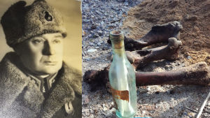 Överste Joel Walldén begravde sin häst i Dragsvik. Sjuttio år senare hittade grävarbetare kvarlevorna av hästen Octavia och det brev i en flaska som översten hade skrivit. Ett bildmontage av två bilder. Bilden till vänster är ett gammalt fotografi av en man i militärkläder. Bilden till höger visar gamla ben som ligger på marken intill en flaskpost.