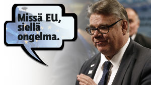 "Där EU finns, finns problemen" är ett av Timo Soinis mest kända slagord från kommunalvalet 2008. Bild av Timo Soini som säger "Missä EU, siellä ongelma."