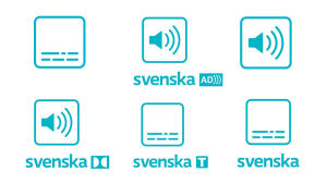 Kokoelma symboleista Ylen ohjelmissa ja verkkosivuilla. Ylärivissä tekstityksen, kuvailutulkkauksen sekä ääni- ja kielivaihtoehtojen symbolit. Alhaalla dolby 5.1 -äänen, ruotsinkielisen ohjelmatekstityksen ja ruotsiksi käännetyn tekstityksen symbolit.