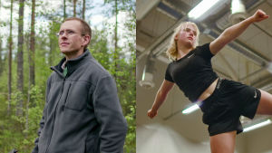 Luontokuvaaja Ville Heikkinen metsässä, cheerleader Loviisa Jännes treeneissä