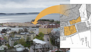 I Östra hamnen kommer det förhoppningsvis snart att stå nya bostadshus. Pilen pekar på det område där hus ska byggas så snart bygglovet är inlämnat och godkänt. Kartan är Hangö stads och visar tomterna som Chyde Invest har köpt vid Granitborgen. Bildcollage av hangö stads karta över tomter och ett fotografi av Östra hamnen i Hangö.
