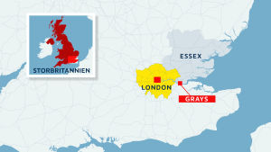 Långtradarcontainern hittades i ett industriområde i Grays, Essex som ligger öster om London. Karta över Storbritannien, Essex, London och Grays