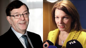 Två tidigare partiordförande i Centerpartiet. Mari Kiviniemi får mindre uppmärksamhet än Paavo Väyrynen Paavo Väyrynen och Mari Kiviniemi.