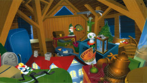 Plåstrets pirat-tv repris år 2004. Illustratör: Janne Hänninen. Buu-kalender. Tecknad bild inne i en lada med buu-stämpeln och olika föremål, som biljardkulor, lykta, spindelnät, tomte.