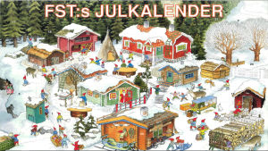 Tomtebyn år 1992.Illustratör: Inge Löök. Julkalender. I bilden en liten by med tomtar som jobbar. Byn är täckt av snö och många färggranna små stugor.