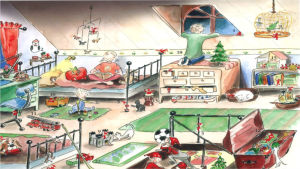 Pelle Svanslös år 2003.Illustratör: Marjo Salmi. Julkalender. I bilden ett barnrum där flickan sitter på sängen, pojken tittar ut genom fönstret och det minsta syskonet sitter på mattan och leker.