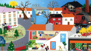 Julvädret som försvann år 2009. Illustratör: Johanna Sjöström. Julkalender, Flingeborg. I bilden syns en massa små hus i vitt, blått och rött. Inne i husen sitter ett par personer vid t.ex. matbordet och vid fönstret.