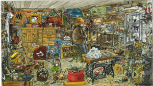 Tomtemaskinen år 2000. Illustratör: Sven Nordqvist. Julkalender. I bilden Pettson och Findus inne i skjulet som är fyllt av en massa olika saker. Pettson tittar ut från fönstret fundersamt medan Findus leker med garn på golvet.