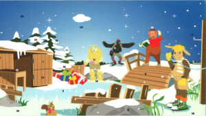 Bärtils jul år 2006. Illustratör: Klaus Suhonen. Julkalender. Tecknad från Bärtil. I bilden syns Bärtil, Isagris,Kråkan och Pudeln i ett vintrigt landskap.