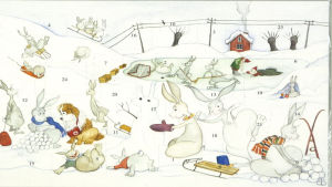 Den vita haren år 1998. Illustratör: Bettina Björnberg. Julkalender. I bilden en massa harar i ett vintrigt landskap. Hararna bygger snölyktor, snöharar, åker pulkka ner för backen och kastar snöboll,