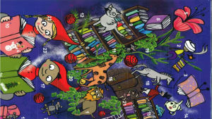 I Korvatunturis bibliotek år 2017. Illustratör: Heidi Gabrielsson. Julkalender. Lila bakgrund, två tomtar som läser böcker och i bakgrunden bland annat små djur som giraff, lejon, häst och blommor, en bokhylla och en mus i en gunga.