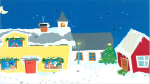 Kaspar i Nudådalen år 2005. Illustratör: Erika Hjärnström. Julkalender. Ett snöigt landskap. Ett gult, vitt och rött hus. Inne i gula huset sitter Buu-stämpeln.