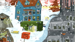 Det jättestora juleljuset år 2016. Illustratör: Johanna Högväg. Julkalender. Snöigt landskap, en röd postlåda i framgrunden, ett blått hus i bakgrunden.