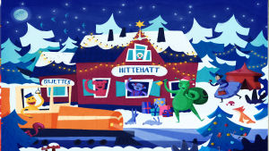 Jul i Hittehatt år 2019. Illustratör: Albert Pinilla. Julkalender 2019. I bilden Vimmel, Tumla, Murk och Kusel vid perrongen i Hittehatt. Vimmel sitter som lokförare i loket, Tumla och Murk tittar ut från fönstret och vinkar, Kusel står i snödrivan med en toimtemössa och julklappspåse över axeln.