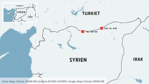 Turkiet har ockuperat ett kring 120 kilometer brett område mellan städerna Tal Abyad och Ras al-Ain. En karta som visar två städer i Syrien