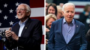 Joe Biden (th) stärker greppet om demokraternas presidentnominering. Kollage på Bernie Sanders och Joe Biden.