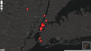 Kartta New Yorkin ympäristöstä, johon merkittynä elokuvien tapahtumapaikkoja