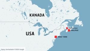 Byn Portapique ligger norr om provinshuvudstaden Halifax. Karta som visar New York och Nova Scotia