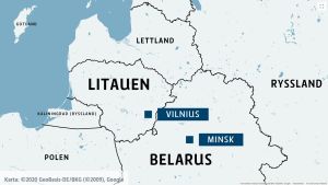 Vilnius ligger 180 kilometer från Minsk. Karta över Belarus och Litauen med huvudstäderna Minsk och Vilnius.