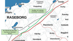 På stadens karta kan man se var gång- och cykelvägen planeras. En karta där en ny gång- och cykelväg är inritad vid riksväg 25 mellan Ekenäs och Karis.