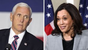 I ett verkligt exceptionellt scenario kan Pence eller Harris få tillträda presidentposten i januari. Ett bildcollage på USA:s vicepresidentkandidater, republikanernas Mike Pence (t.v.) och demokraternas Kamala Harris.