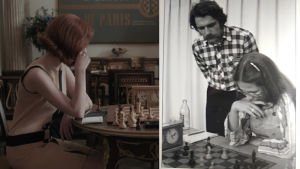 Beth Hamron och Aulikki Ristoja. Bakom Aulikki står hennes man Thomas. Fotot är taget under Nordiska mästerskapet 1977 när Aulikki spelade mot Pia Cramling. Tvådelad bild. På ena sidan en ung kvinna som tittar på ett schackbräde. På andra sidan en svartvit bild av en ung kvinna som spelar schack. En man står bakom henne och tittar på.