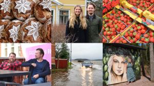 Ett collage med bilder på nyheter som lockat läsare 2020 - bild 1 brödkonst, ett par står framför ett gult hus, jordgubbar, en coronahälsning, bil kör på översvämmad väg och en man på ett fartyg.